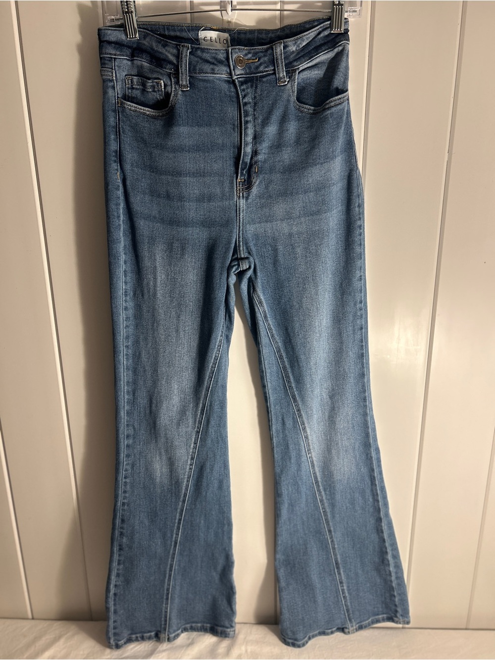 cello high rise super flare jeans front seam medium wash size  9